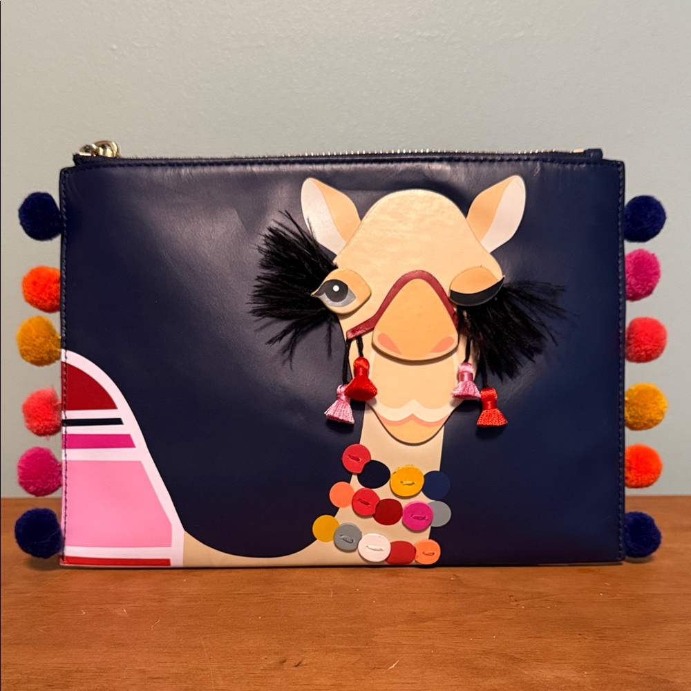 Kate Spade Navy Camel Clutch with Colorful Accents